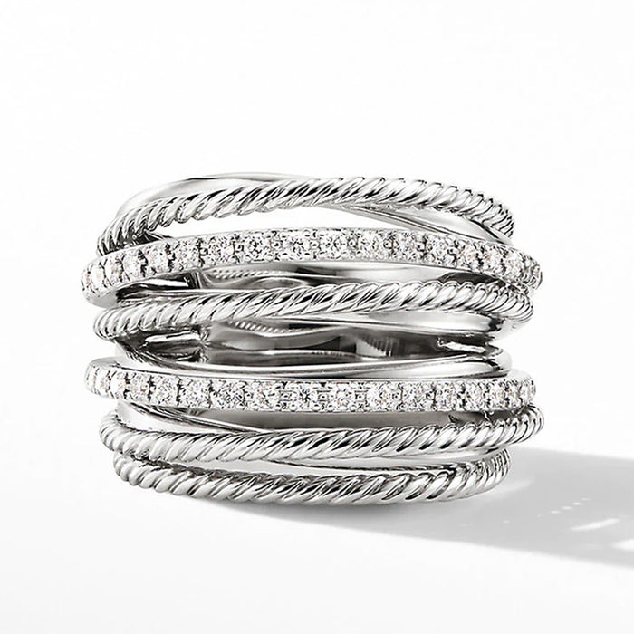 Wide Multi-Strand Cable Ring In Clear And Black Stone Options