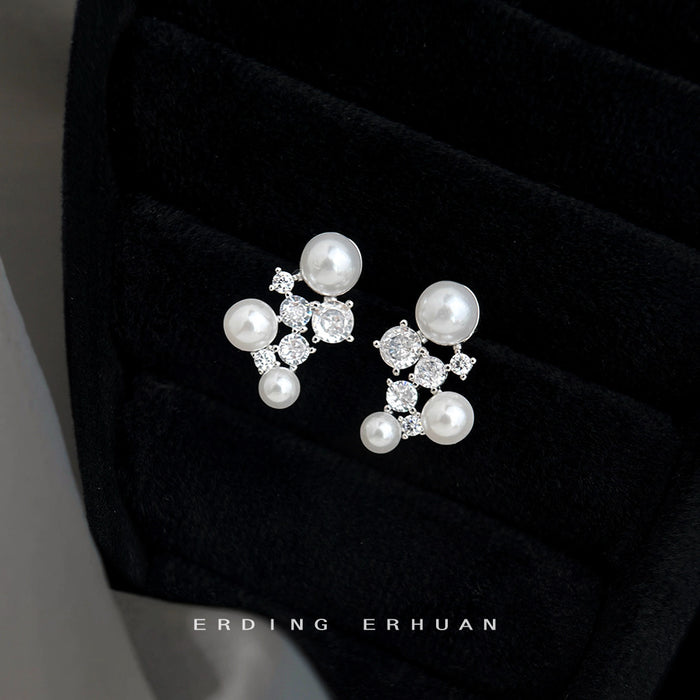 Silver-Tone Pearl and Clear Stone Cluster Earrings Pair