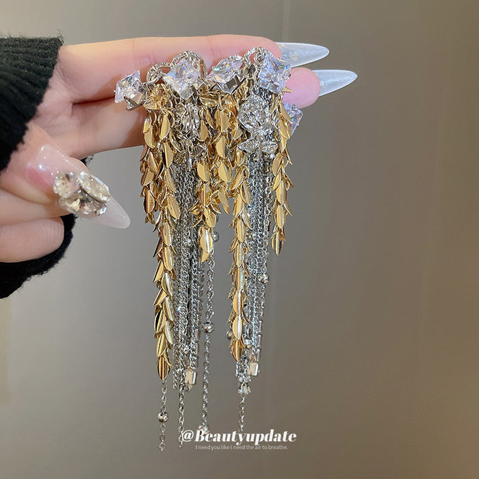 Mixed Metal Wheat and Crystal Fringe Stud Earrings