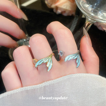 Blue Enamel Mermaid Tail Open Rings Clear Stone Gold Silver Two