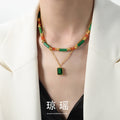 Gold Double Layer Necklace Green Tube Beads Square Pendant view 1