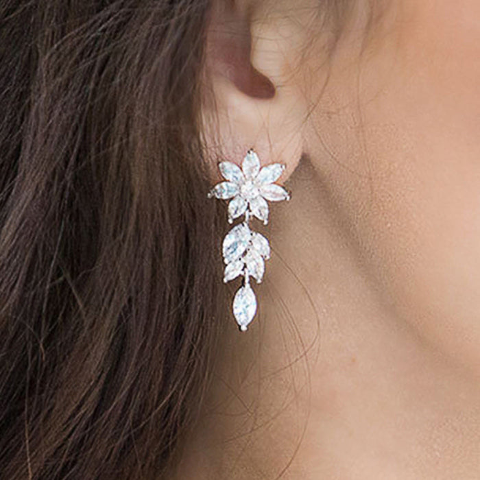 Floral Marquise Crystal Drop Earrings in Silver Tone