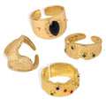 Gold Textured Open Rings Bark Wave Vertical Black Stone view 5