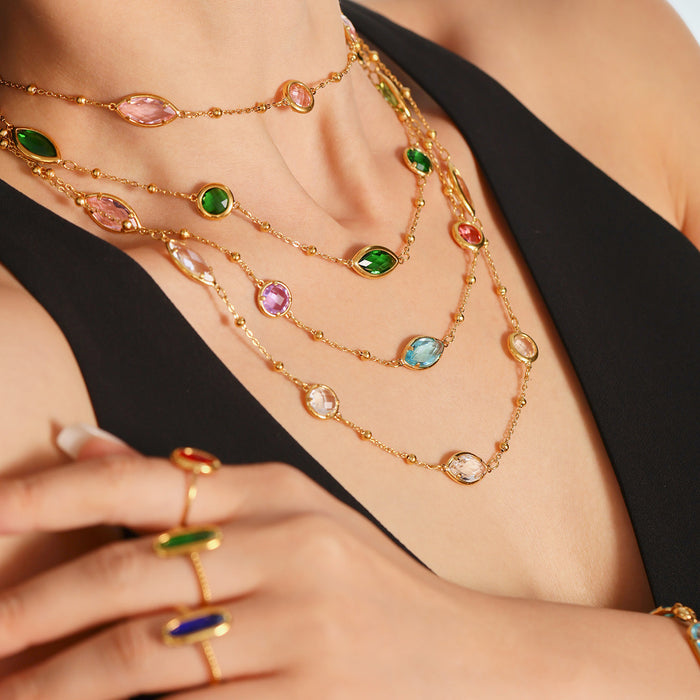 Gold Stainless Steel Czech Glass Marquise Station Necklace
