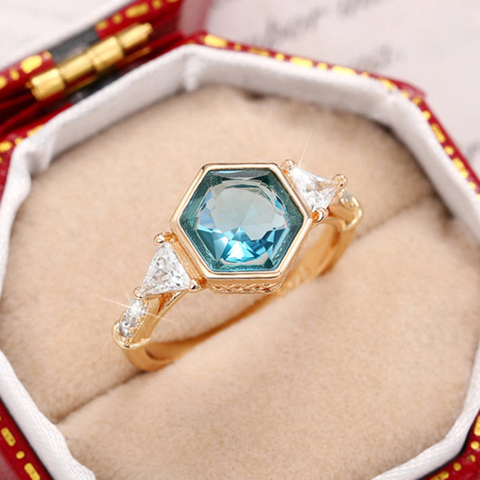Gold Hexagon Teal Blue Center Triangle Side Stones Ring Alloy