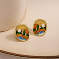 Orange and Blue Landscape Square Statement Stud Earrings view 3
