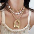 Gold Tone Layered Pearl Chain and Geometric Pendant Necklaces view 3