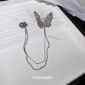 Silver Tone Crystal Butterfly Double Chain Brooch With Gray Pearl Like Pin view 4