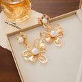 Gold Open Flower Pearl Look Center Long Stud Earrings view 4