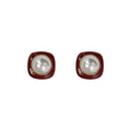 Wine Red Enamel Square Frame White Pearl Stud Earrings view 5