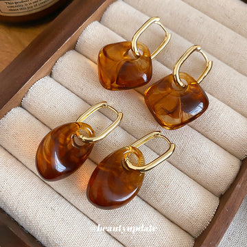 Amber Brown Resin Drop Hoop Earrings in Two Rounded Shapes