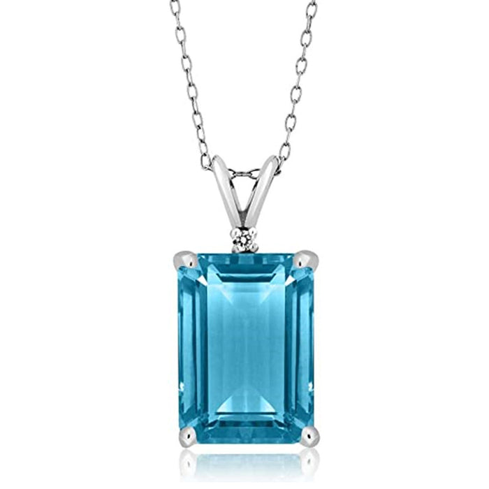 Silver Tone Blue Emerald Cut Four Claw Pendant Necklace