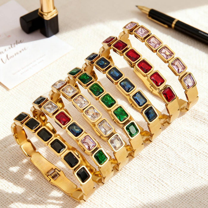 Square Glass Stone Clasp Bangles Multicolor Steel Gold