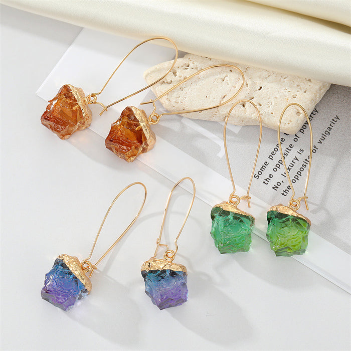 Gold Tone Irregular Resin Stone Long Hook Earrings in Two Colors