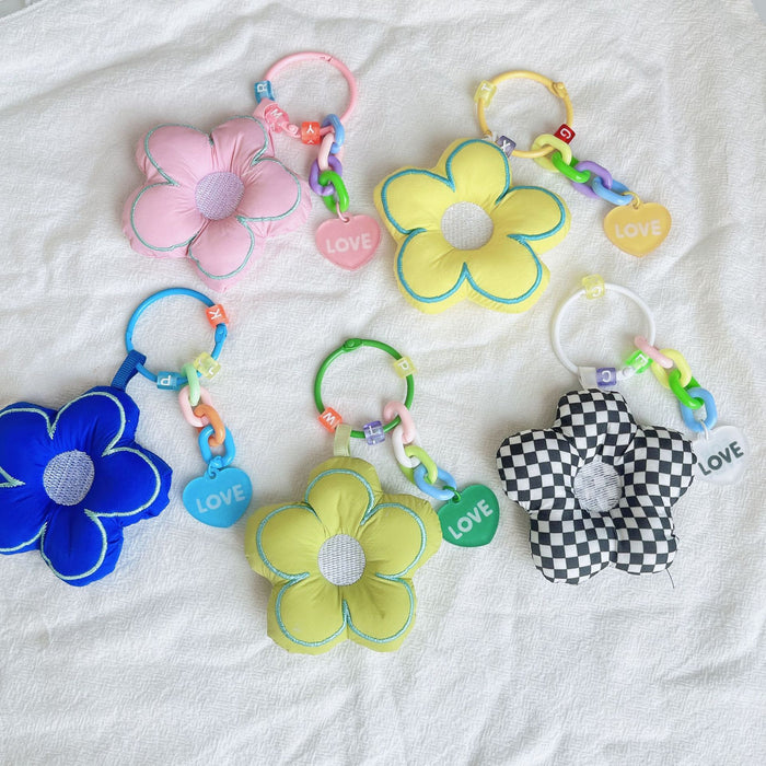 Puffy Embroidered Flower Keychain with Alphabet Beads
