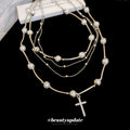 Silver Multi Layer Pearl Cross Pendant Layered Necklace view 2