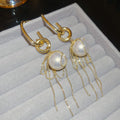 Gold Pearl and Chain Tassel Earrings with Circular Links view 6