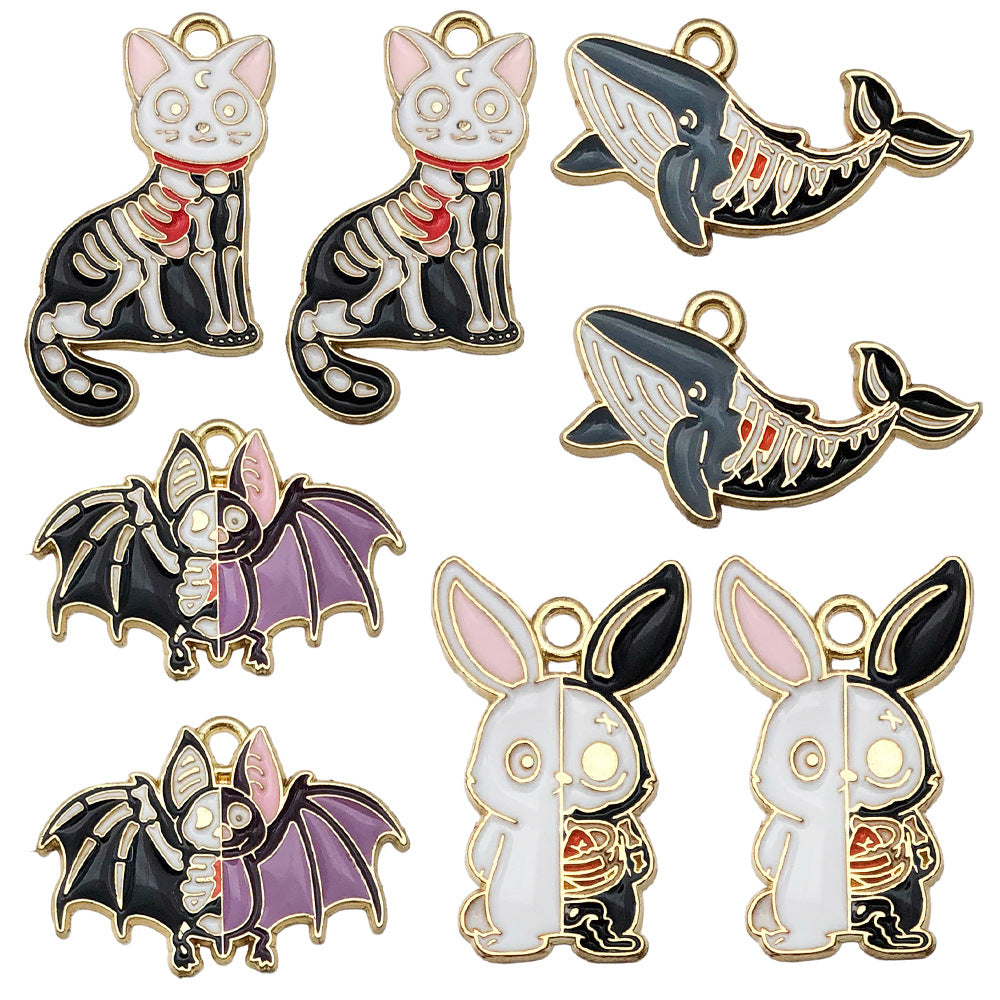 Zinc Alloy Halloween Skull Cat Fish Bat Enamel Charm Pendants for DIY Earrings Necklace