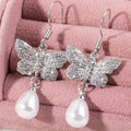 Silver Tone Butterfly Pearl Drop Hook Earrings Fashion Jewelry view 2