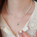 Layered Pearl Necklace with Green Teardrop Pendant view 1