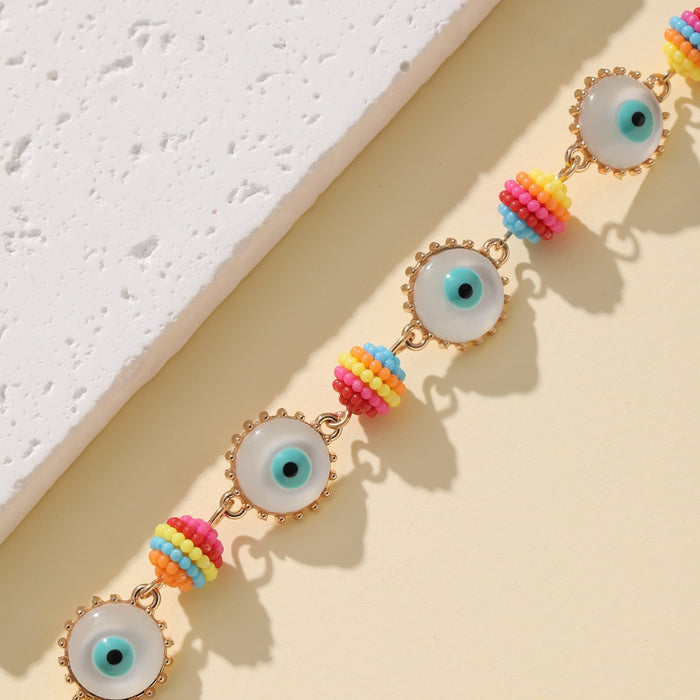 Evil Eye Charm Bracelet Gold Tone Chain Multicolor Seed Beads