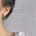 Green Round Cabochon Drop Earrings Pearl Crystal Halo view 2