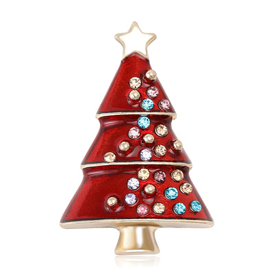 Front view of the crystal studded christmas tree brooch in green and red brooch and its color options