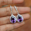 Silver Tone Teardrop CZ Halo Drop Earrings Purple Blue Clear view 2