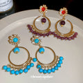Purple Beaded Circular Drop Earrings with Red Studs view 4