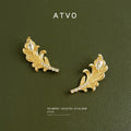 Gold Feather Leaf Crystal Stud Earrings Marquise Pair view 1