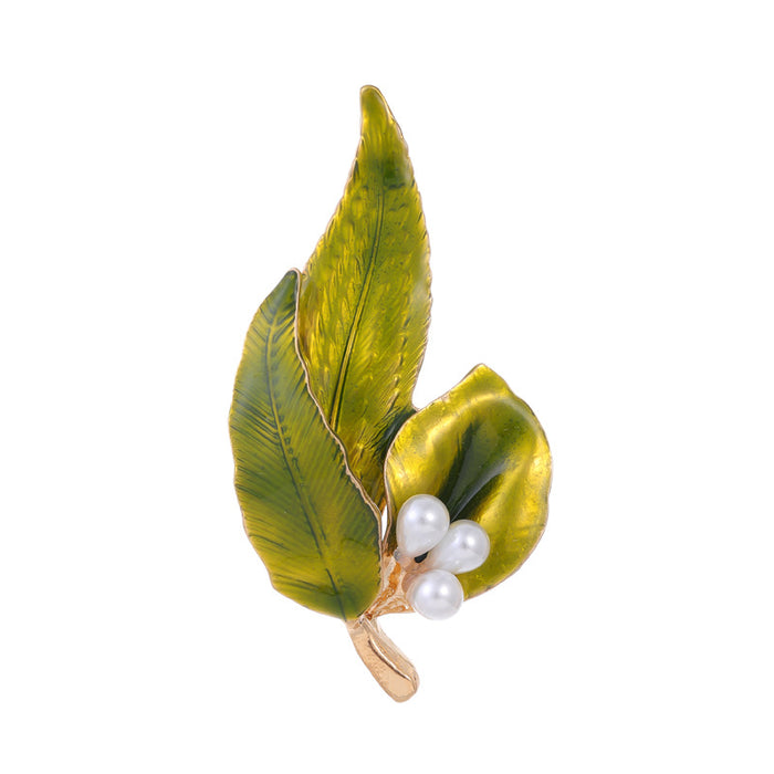 Yellow Gold Tone Leaf Enamel Pearl Look Two Designs Metal Brooch Pin