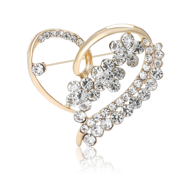 Interlocking Heart Crystal Brooch in Gold or Silver Tone