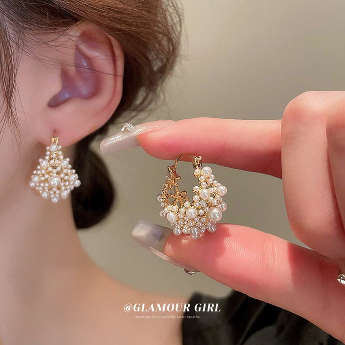 Gold Tone Pearl Cluster Open Hoop Earrings Jewelry