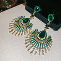 Fan Shaped Crystal Drop Earrings in Pink and Green view 7