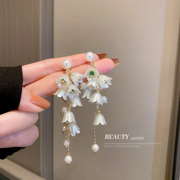 White Floral Pearl and Crystal Chain Drop Earrings