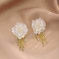 Pearl White Camellia Flower Drop Earrings Gold Crystal Tassel view 3