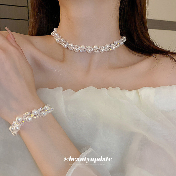 White Pearl Clear Crystal Double Row Choker Necklace