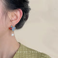 Gold Blue Enamel Flower Red Stone Freshwater Pearl Drop Earrings view 2