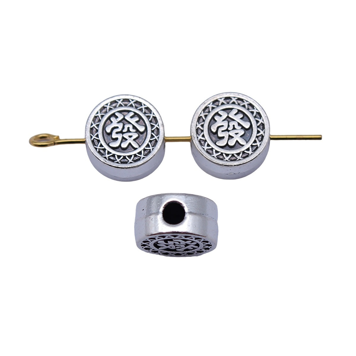 10x10x5mm 2g Antique Silver Zinc Alloy Round Chinese Character Fa Small Hole Beads for DIY Jewelry