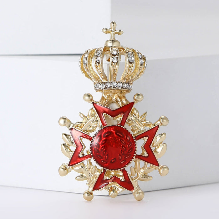 Crown and Red Star Medal Brooch with Crystal Details