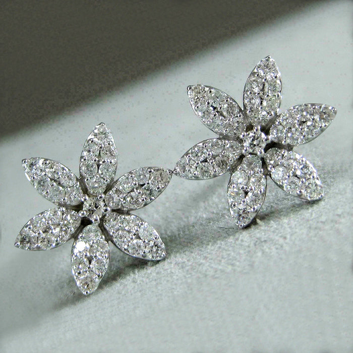 Silver Tone Six Petal Clear Stone Flower Stud Earrings