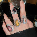 Silver Teardrop Halo Crystal Open Rings Four Colors view 1