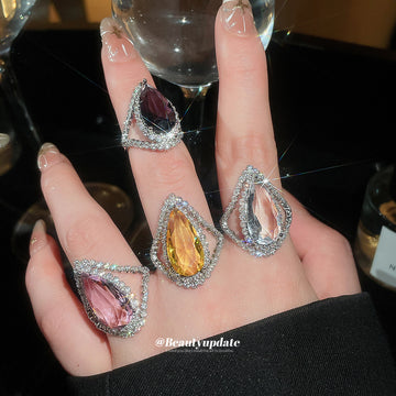 Silver Teardrop Halo Crystal Open Rings Four Colors