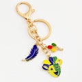 Gold Tone Carnival Jester Mask Charm Keychain with Colorful Feather Accent view 2