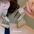 Textured Geometric Drop Earrings in Gold and Silver Tones view 3