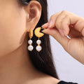 Gold Fan Shell Drop Earrings Pearl Natural Stone Styles view 3