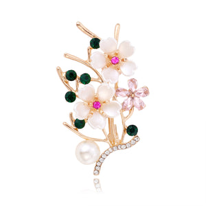 Flowering Branch Brooch with Faux Pearl and Rhinestones, Two Colorways