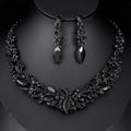 Black Silver Tone Crystal Leaf Cluster Crystal Six Designs Metal Necklace and Earring Set view 11
