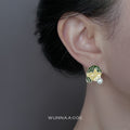 Gold Tone Green Hair Girl Face And White Pearl Bubble Stud Earrings view 2
