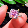 Pink Square Solitaire Halo Ring In Polished Silver Tone view 3